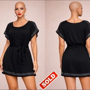 Body Central Black Rhinestone Trim Tie Waist Tunic Dress Women’s Large NWOT